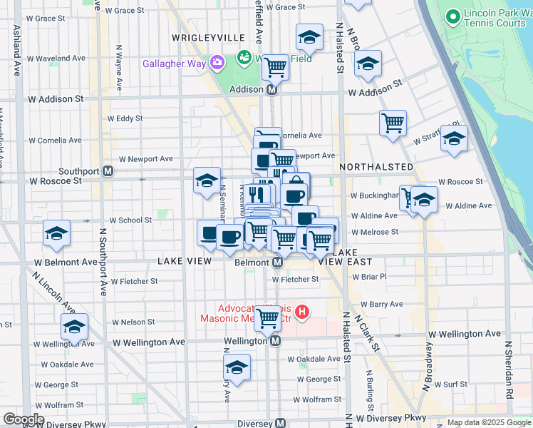 map of restaurants, bars, coffee shops, grocery stores, and more near 3257 North Sheffield Avenue in Chicago