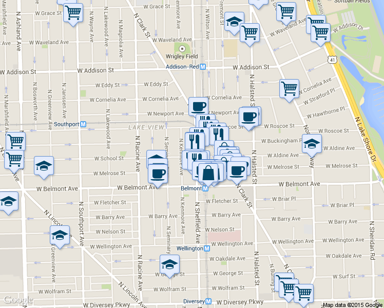 map of restaurants, bars, coffee shops, grocery stores, and more near 3257 North Sheffield Avenue in Chicago
