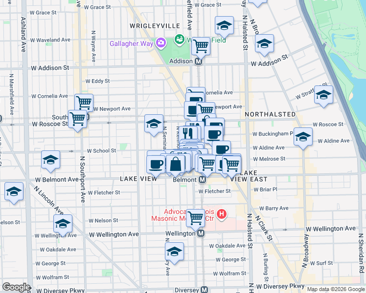 map of restaurants, bars, coffee shops, grocery stores, and more near 3252 North Kenmore Avenue in Chicago