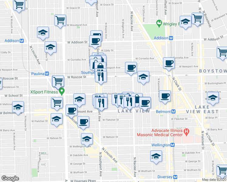 map of restaurants, bars, coffee shops, grocery stores, and more near 3258 North Lakewood Avenue in Chicago