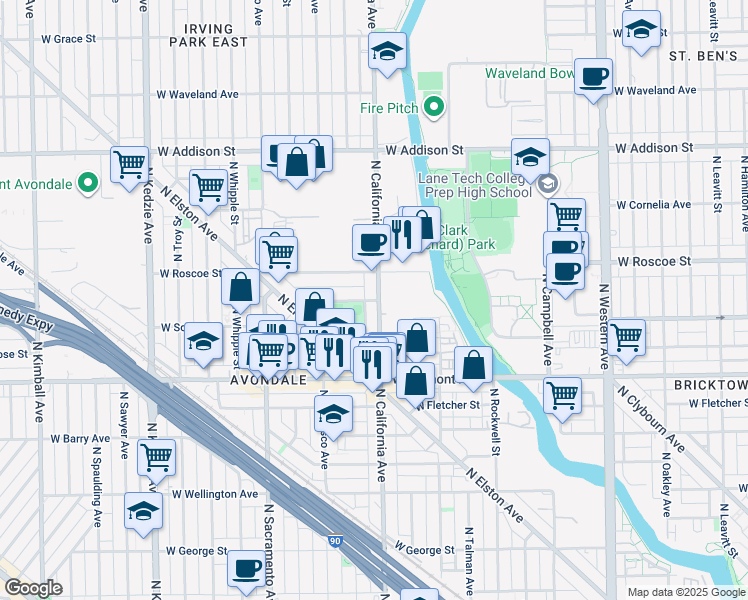map of restaurants, bars, coffee shops, grocery stores, and more near 3269 North California Avenue in Chicago