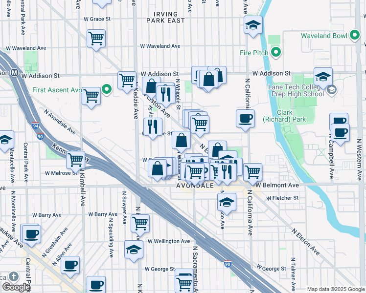 map of restaurants, bars, coffee shops, grocery stores, and more near 3311 North Whipple Street in Chicago