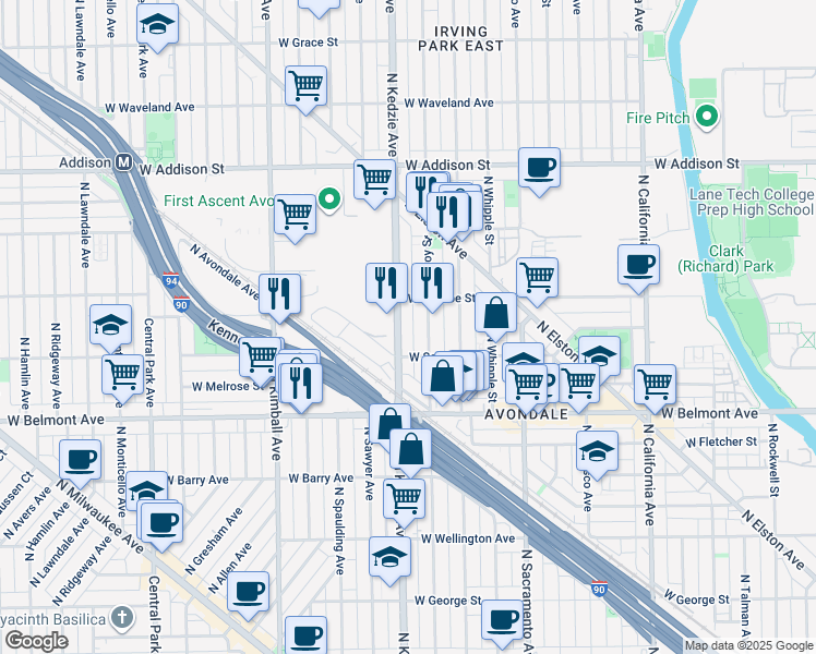 map of restaurants, bars, coffee shops, grocery stores, and more near 3313 North Kedzie Avenue in Chicago