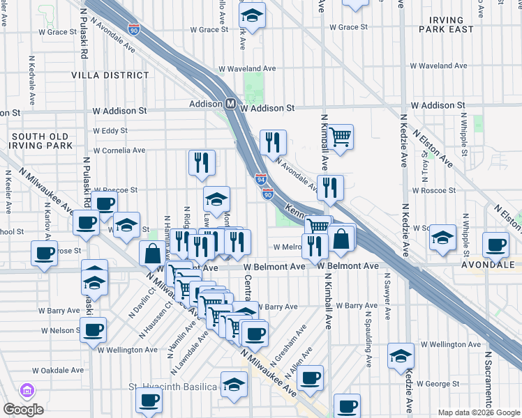map of restaurants, bars, coffee shops, grocery stores, and more near 3311 North Central Park Avenue in Chicago