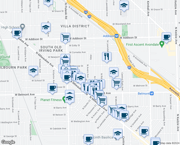 map of restaurants, bars, coffee shops, grocery stores, and more near 3314 Alley in Chicago