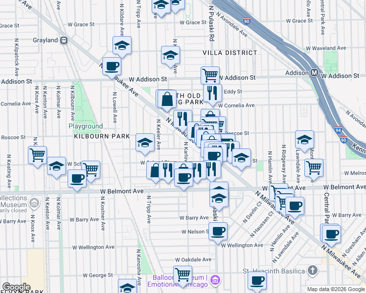 map of restaurants, bars, coffee shops, grocery stores, and more near 4121 West Henderson Street in Chicago