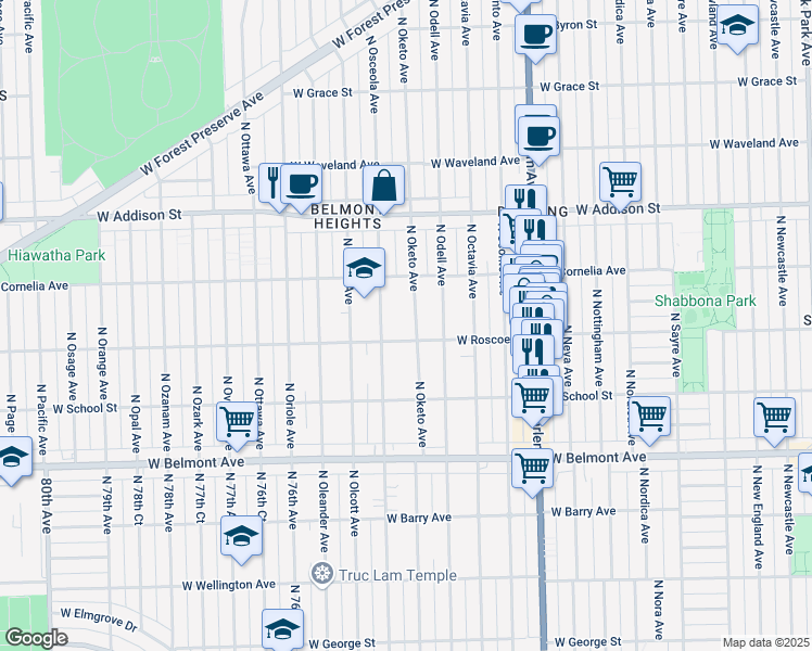 map of restaurants, bars, coffee shops, grocery stores, and more near 3401 North Oketo Avenue in Chicago