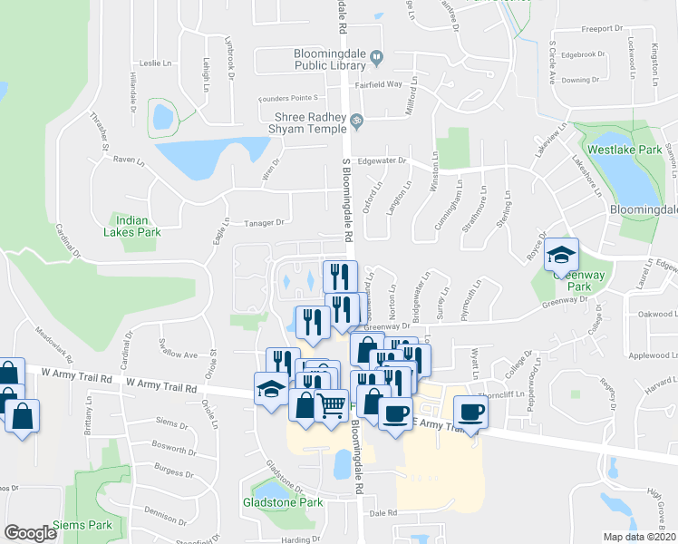 map of restaurants, bars, coffee shops, grocery stores, and more near 194 South Waters Edge Drive in Glendale Heights