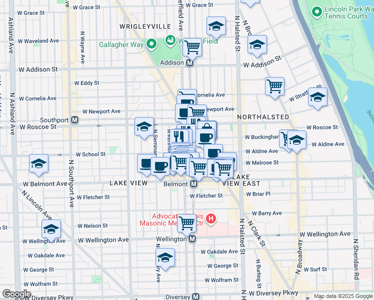 map of restaurants, bars, coffee shops, grocery stores, and more near 3301 North Sheffield Avenue in Chicago