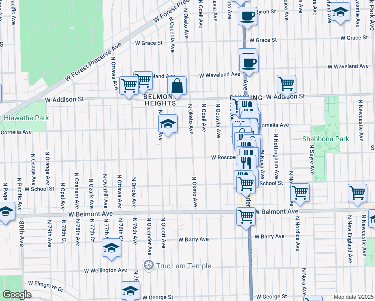 map of restaurants, bars, coffee shops, grocery stores, and more near 3401 North Oketo Avenue in Chicago