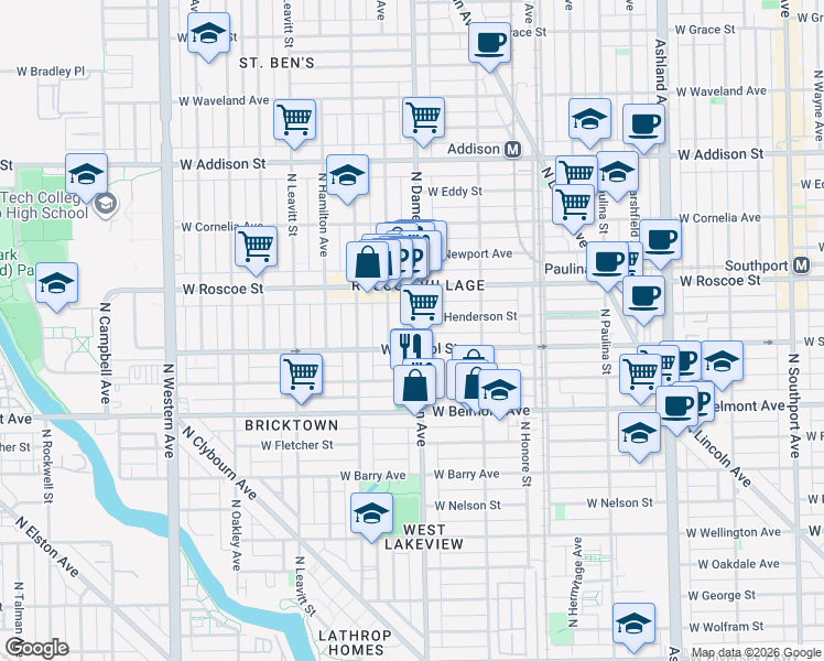map of restaurants, bars, coffee shops, grocery stores, and more near 3316 North Damen Avenue in Chicago