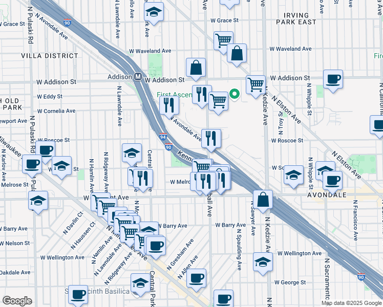 map of restaurants, bars, coffee shops, grocery stores, and more near 3439 West Henderson Street in Chicago