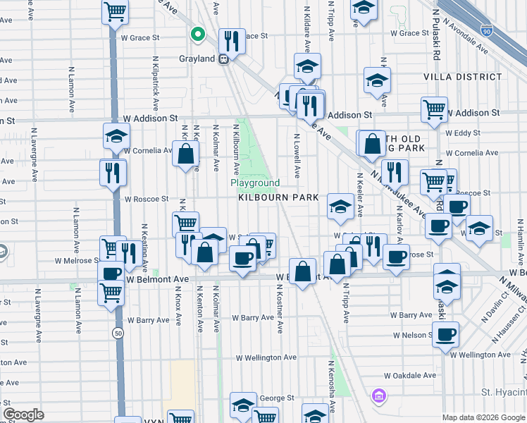map of restaurants, bars, coffee shops, grocery stores, and more near 3325 North Kenneth Avenue in Chicago