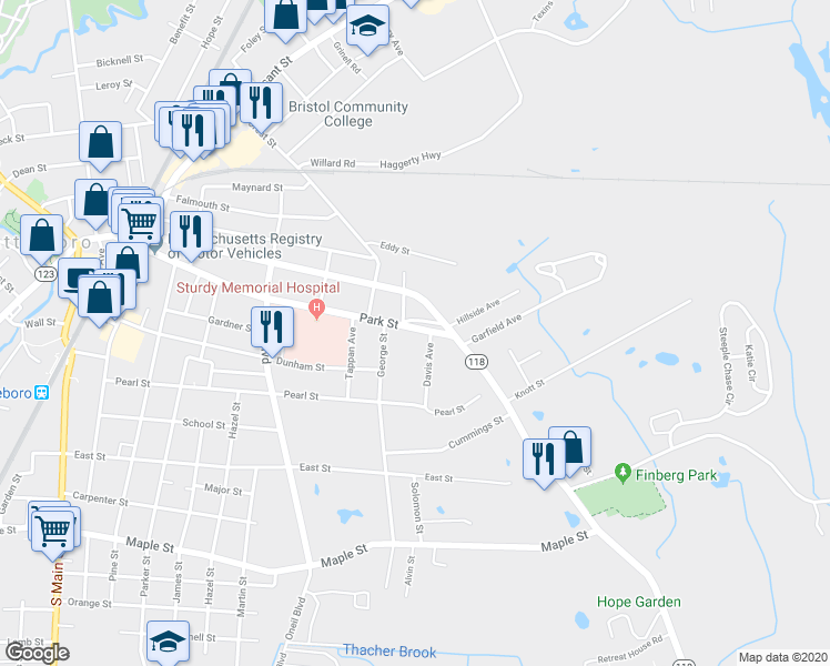 map of restaurants, bars, coffee shops, grocery stores, and more near 249 Park Street in Attleboro
