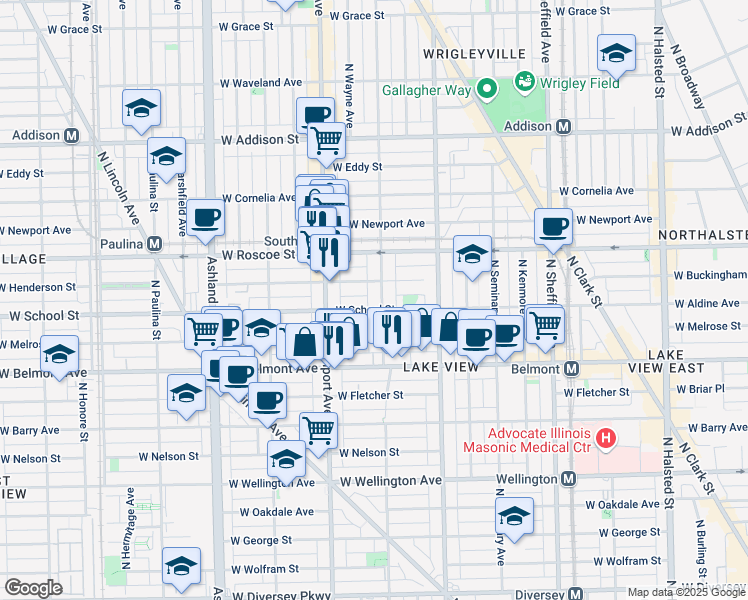 map of restaurants, bars, coffee shops, grocery stores, and more near 3258 North Lakewood Avenue in Chicago