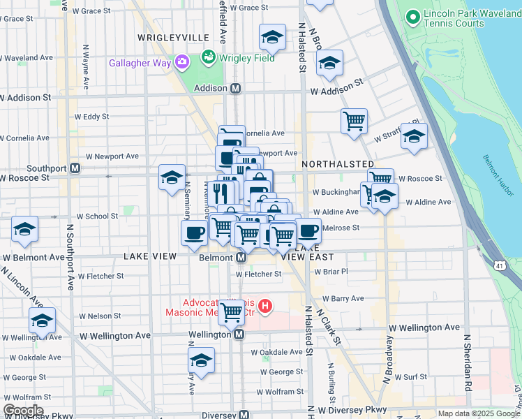 map of restaurants, bars, coffee shops, grocery stores, and more near 3301 North Clark Street in Chicago