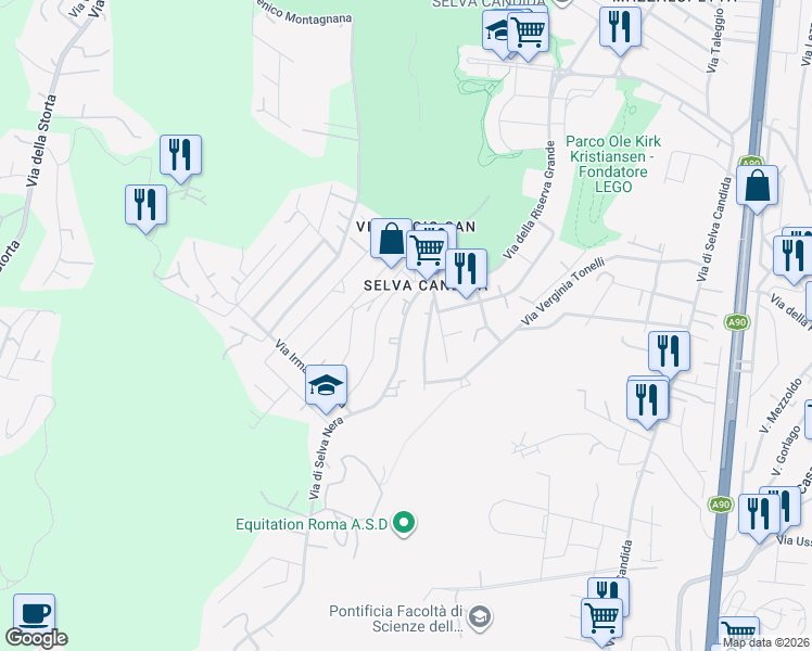 map of restaurants, bars, coffee shops, grocery stores, and more near 323 Via di Selva Nera in Rome