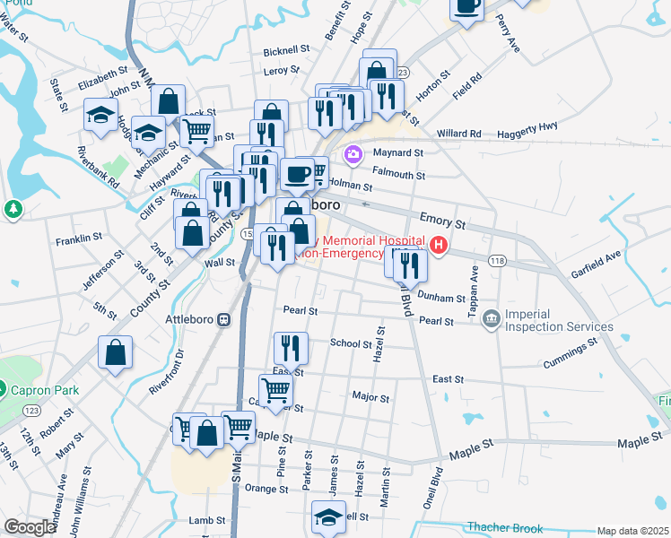 map of restaurants, bars, coffee shops, grocery stores, and more near 43 Dunham Street in Attleboro