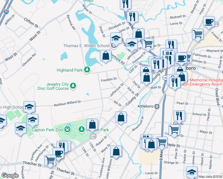 map of restaurants, bars, coffee shops, grocery stores, and more near 55 Jefferson Street in Attleboro