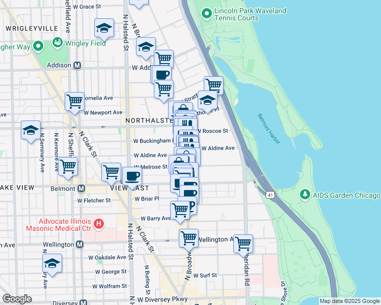 map of restaurants, bars, coffee shops, grocery stores, and more near 540 West Melrose Street in Chicago