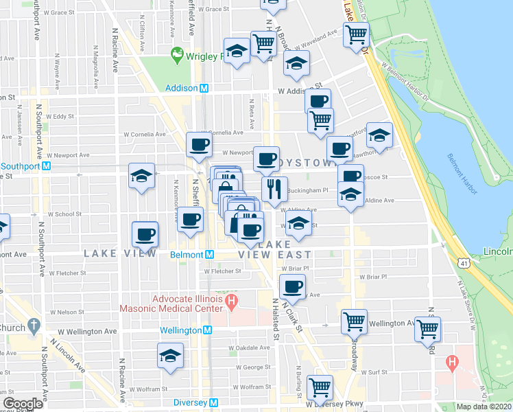 map of restaurants, bars, coffee shops, grocery stores, and more near 855 West Aldine Avenue in Chicago
