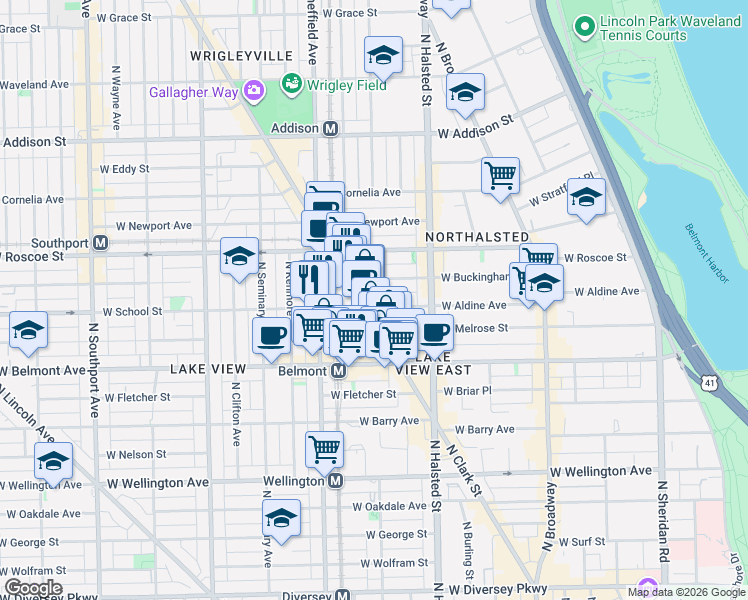 map of restaurants, bars, coffee shops, grocery stores, and more near 911 West School Street in Chicago