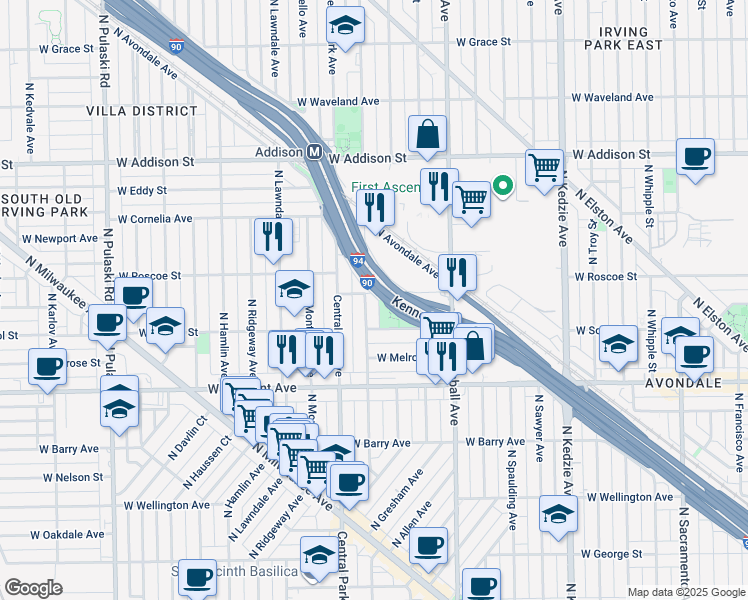 map of restaurants, bars, coffee shops, grocery stores, and more near 3350 West School Street in Chicago