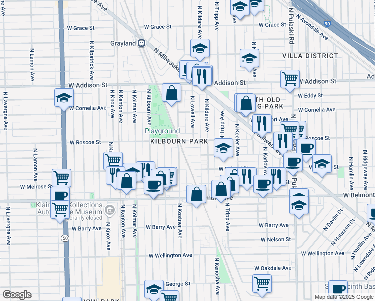 map of restaurants, bars, coffee shops, grocery stores, and more near 4341 West Henderson Street in Chicago