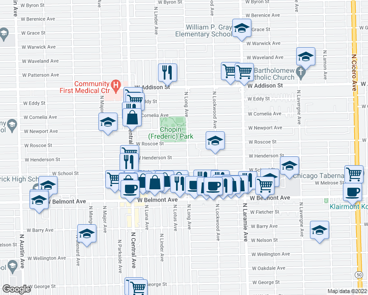 map of restaurants, bars, coffee shops, grocery stores, and more near 5404 West Henderson Street in Chicago