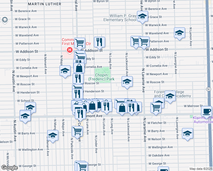 map of restaurants, bars, coffee shops, grocery stores, and more near 5404 West Henderson Street in Chicago