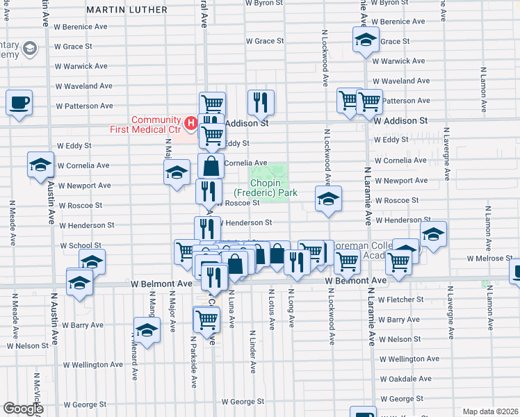map of restaurants, bars, coffee shops, grocery stores, and more near 5444 West Henderson Street in Chicago