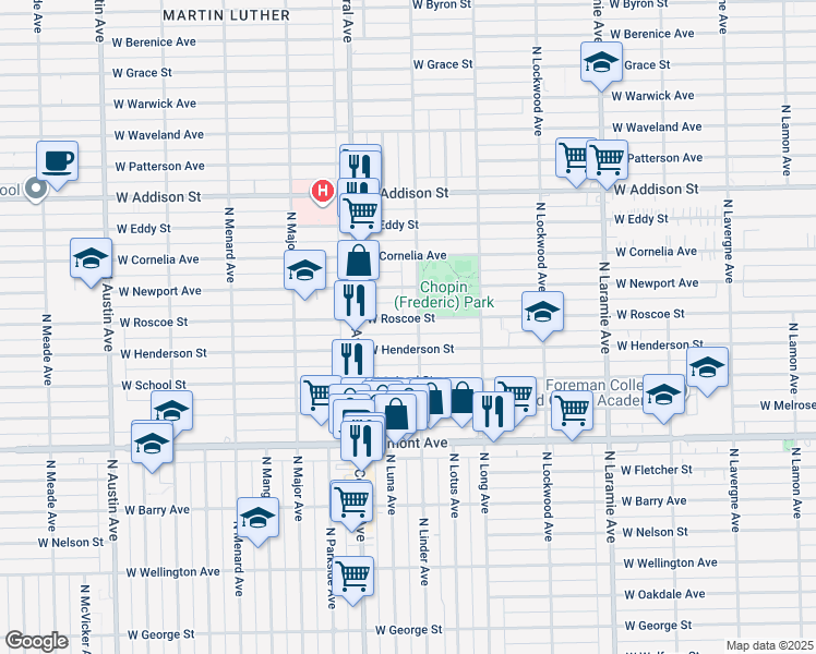map of restaurants, bars, coffee shops, grocery stores, and more near 5518 West Henderson Street in Chicago