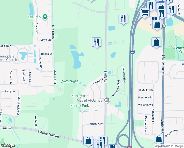 map of restaurants, bars, coffee shops, grocery stores, and more near 2134 Adobe Drive in Addison