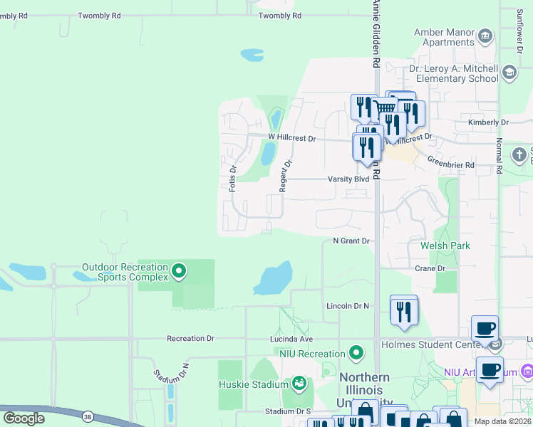 map of restaurants, bars, coffee shops, grocery stores, and more near 723 Eco Park Drive in DeKalb