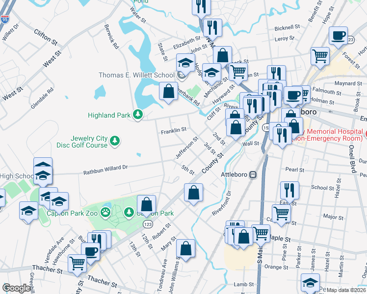 map of restaurants, bars, coffee shops, grocery stores, and more near 33 Jefferson Street in Attleboro