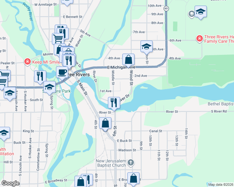 map of restaurants, bars, coffee shops, grocery stores, and more near 116 Middle Street in Three Rivers