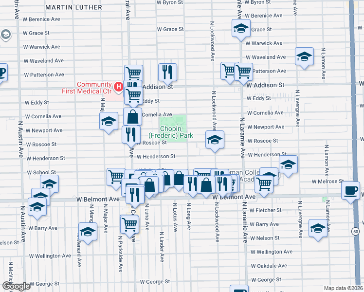 map of restaurants, bars, coffee shops, grocery stores, and more near 5404 West Henderson Street in Chicago