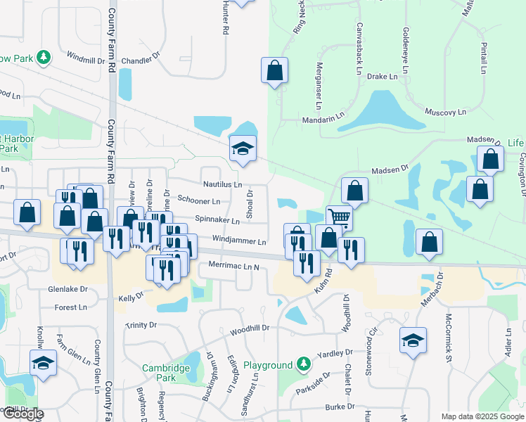 map of restaurants, bars, coffee shops, grocery stores, and more near 3860 Windjammer Lane in Hanover Park