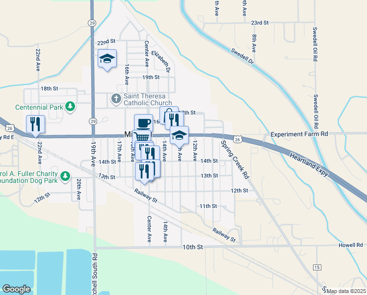 map of restaurants, bars, coffee shops, grocery stores, and more near 1439 13th Avenue in Mitchell