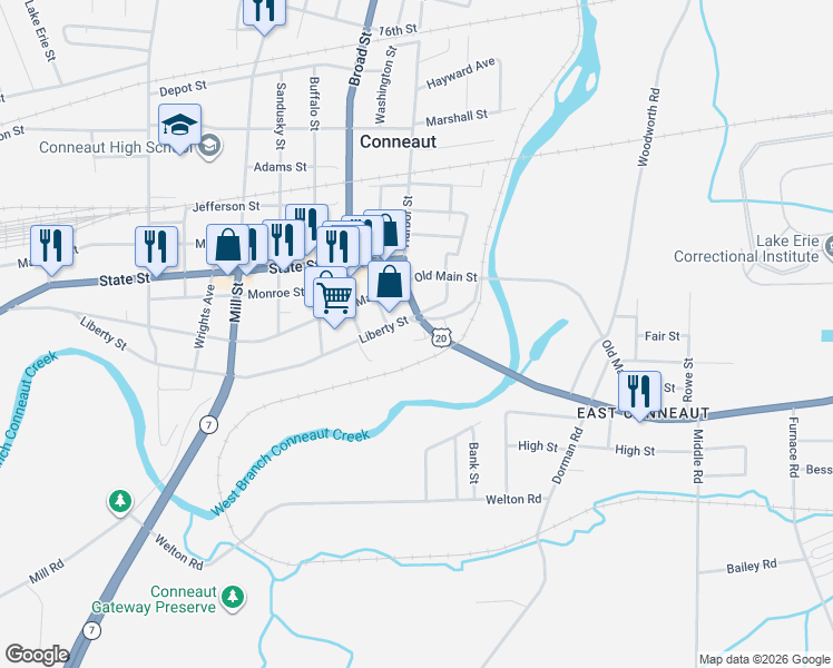 map of restaurants, bars, coffee shops, grocery stores, and more near 189 Keyes Street in Conneaut
