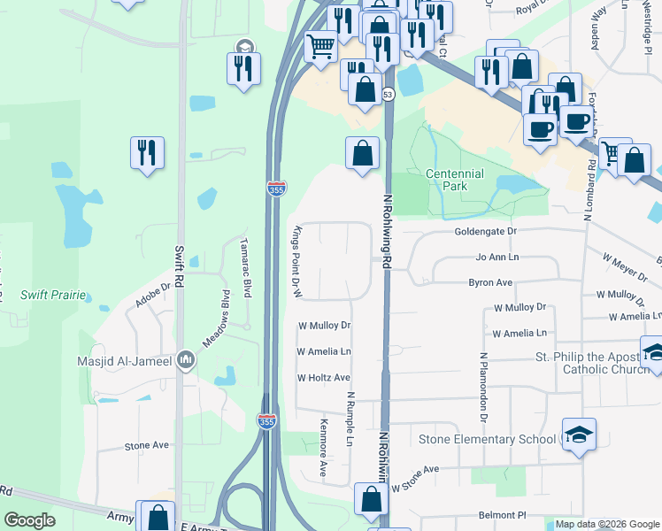 map of restaurants, bars, coffee shops, grocery stores, and more near 811 North Harrow Court in Addison