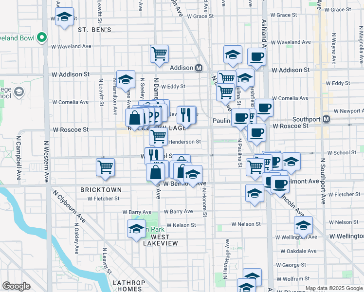 map of restaurants, bars, coffee shops, grocery stores, and more near 1910 West School Street in Chicago