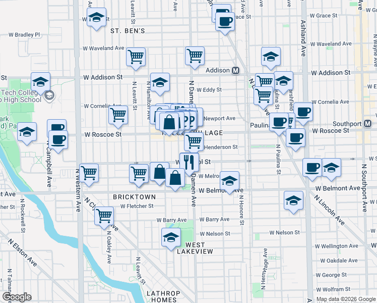 map of restaurants, bars, coffee shops, grocery stores, and more near 3320 North Damen Avenue in Chicago