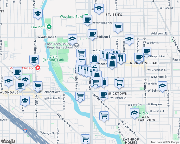 map of restaurants, bars, coffee shops, grocery stores, and more near 3360 North Western Avenue in Chicago