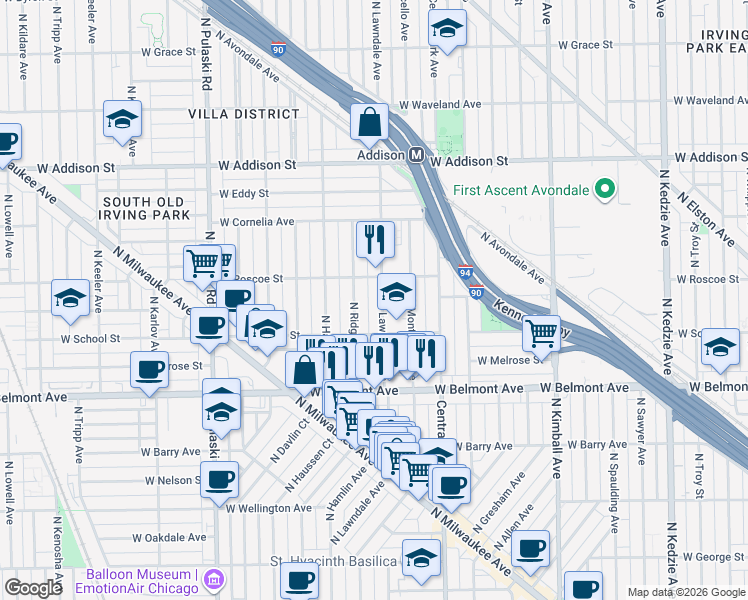 map of restaurants, bars, coffee shops, grocery stores, and more near 3312 North Lawndale Avenue in Chicago