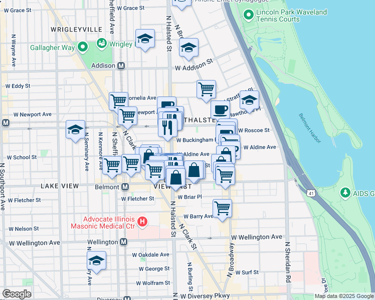 map of restaurants, bars, coffee shops, grocery stores, and more near 724 West Aldine Avenue in Chicago