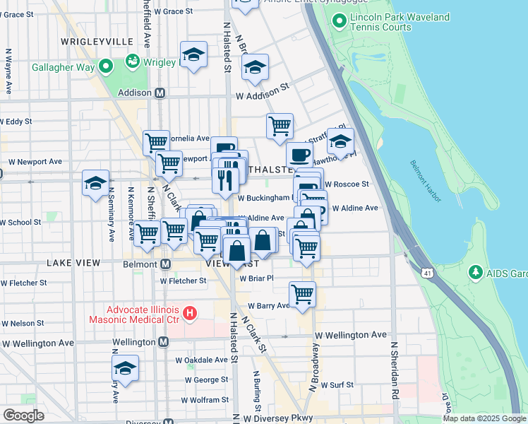 map of restaurants, bars, coffee shops, grocery stores, and more near 710 West Aldine Avenue in Chicago
