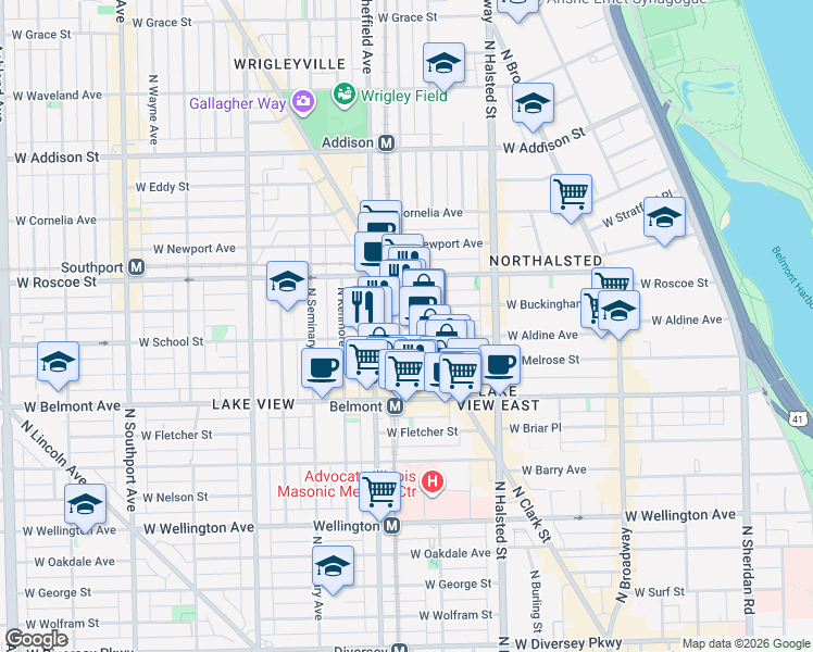 map of restaurants, bars, coffee shops, grocery stores, and more near 915 West School Street in Chicago