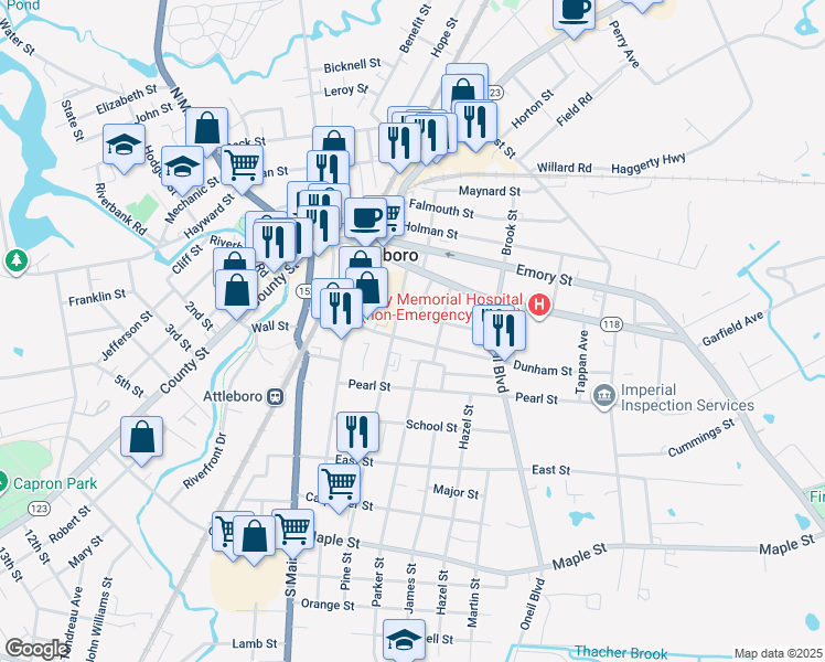map of restaurants, bars, coffee shops, grocery stores, and more near 46 Pine Street in Attleboro