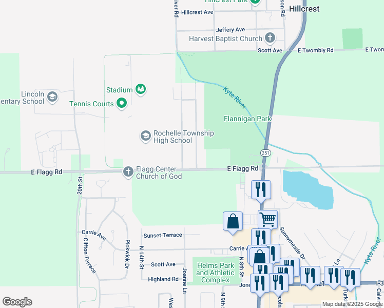 map of restaurants, bars, coffee shops, grocery stores, and more near 5489 South Wendell Drive in Rochelle